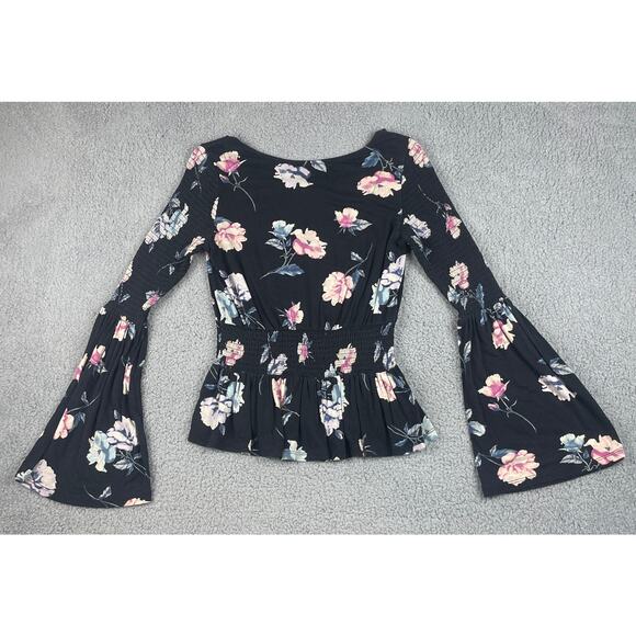 American Rag Women's Small Black Flower Rayon Spandex Long Sleeve Blouse - Picture 8 of 12